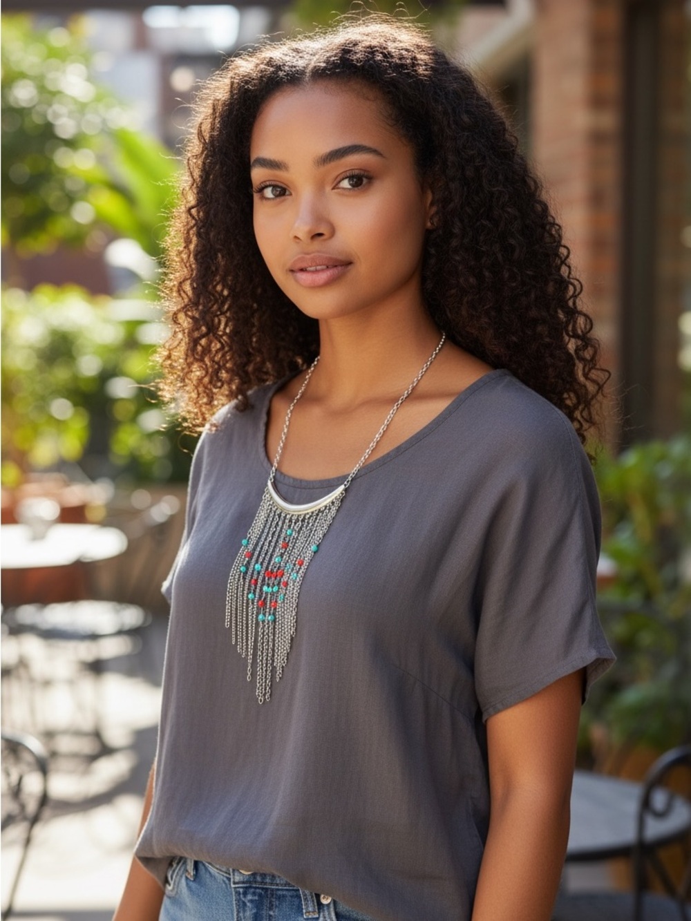 Fringe Statement Necklace Silver tone with blue and red beads